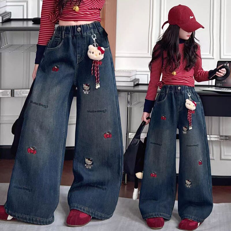 Girls' Jeans Spring and Autumn 2026 New Style Children's Pants for Older Girls, Wide-Leg Straight Pants, Loose Embroidered Design Girls' Jeans Spring and Autumn 2026 New Style Children's Pants for Older Girls, Wide-Leg Straight Pants, Loose Embroidered Design