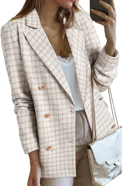 Women's Tweed Blazer Jacket Double Breasted Plaid Workwear_voghion.com