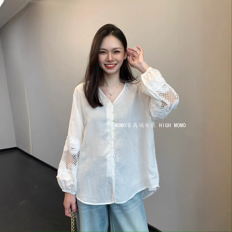 French Gentle Style~Tencel Linen Lightweight Breathable V-Neck Cut-Out Top Loose Lace Shirt for Women 26 Spring/Summer