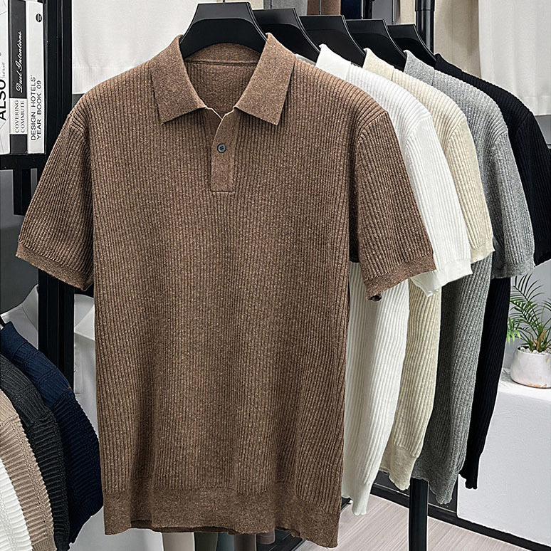 Polo camiseta de punto camiseta de manga corta camiseta de hombre cuello en V Paul rayas viejas líneas de negocios de verano fábrica transfronteriza mayorista