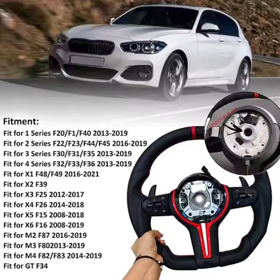 Genuine leather steering wheel with red cross for BMW F30, F10, F31, F20, E90 (Steering wheel) - notch