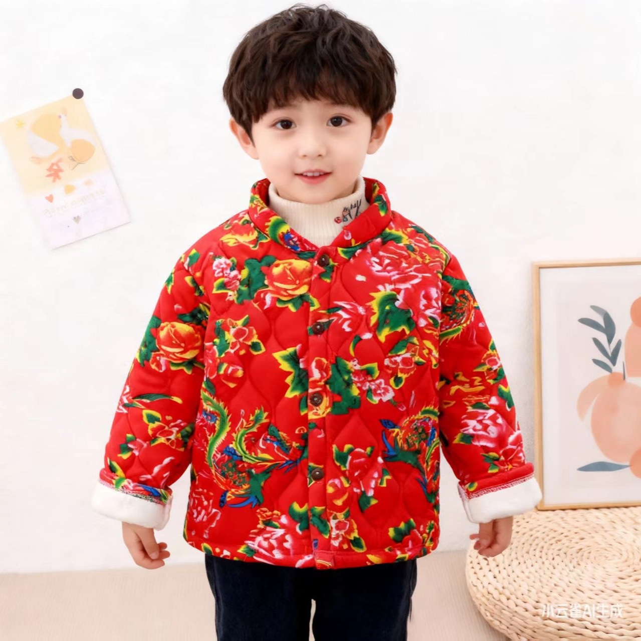 Children's Northeast-style floral print cotton-padded jacket, winter ethnic style, three-layer fleece-lined coat for boys and girls, dropshipping available.