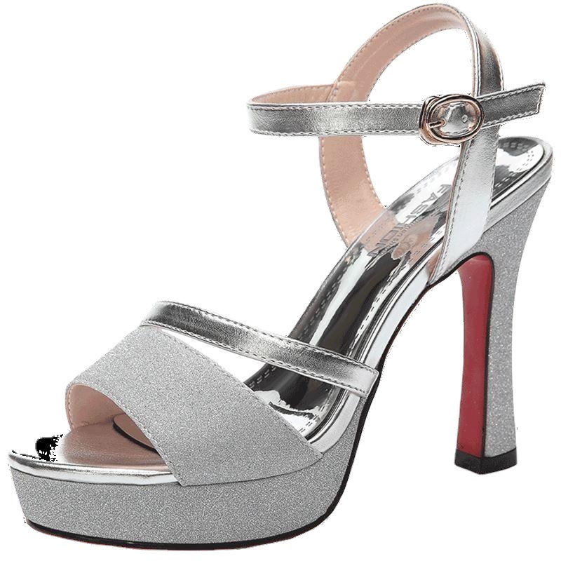 2024 verano nuevo estilo moda coreana boca de pez hebilla de una palabra tacón grueso tacón alto moda casual más tamaño sexy lentejuelas