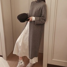 2023韩国秋冬新款女装高腰开叉造型简约时尚高领长款连衣裙毛衣女