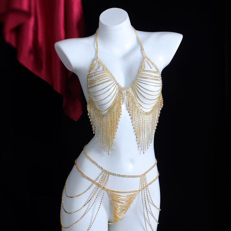 European and American Popular Women's Clothing Sexy Full Diamond Body Chain Versatile Tassel Sparkling Diamond Bra Bikini Chest Set