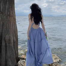 泰国三亚海边沙滩裙女吊带露背V领连衣裙气质高腰显瘦长裙子