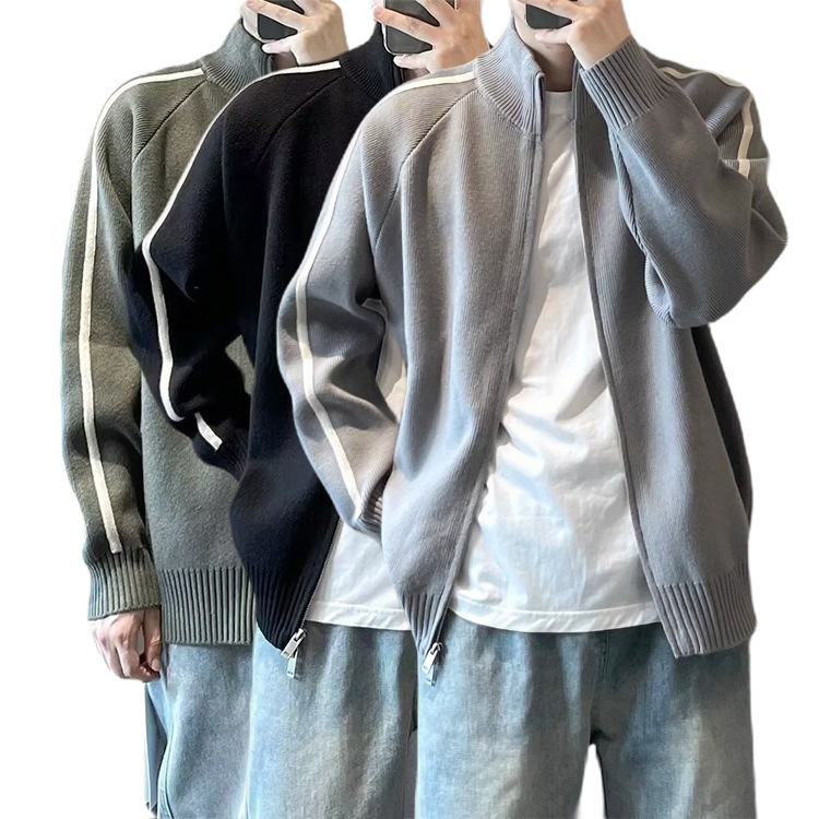 Explosiones transfronterizas de tamaño grande europeo a rayas cardigan suéter de punto chaqueta de hombre chaqueta de doble cremallera fábrica de marea al por mayor