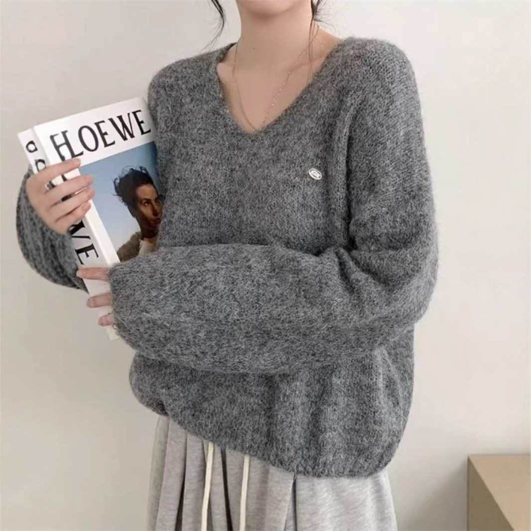 Korean Chic Autumn and Winter Knitwear Women's Lazy Style Loose V-Neck Furry Versatile Casual Simple Knitwear Top