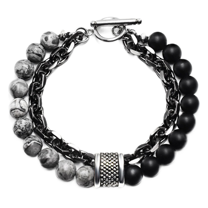 新型欧米の砂の地図の石のブレスレットの男性の2層のビーズのotボタンは玉のチタンの鋼の百合のブレスレットの手の装飾の潮を回転します。