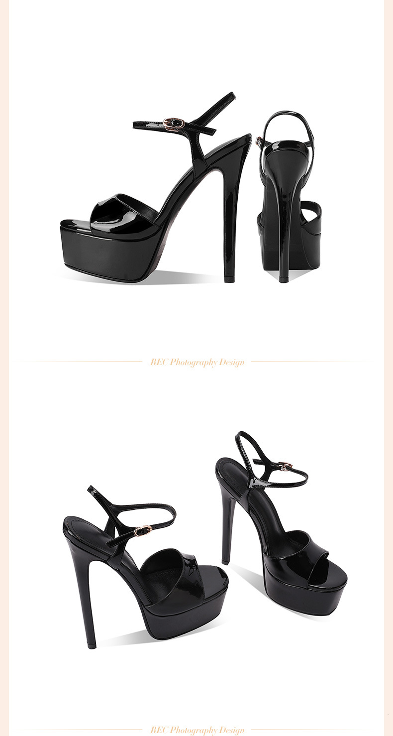 Sandal cao gót nữ hở mũi da thật gót siêu cao 14 cm đế platform — Đen 14cm chi tiết 3