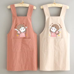 日系綿麻エプロン通気家庭用キッチン料理汚れ防止作業服ウエスト印字ロゴ女性出勤