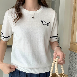 现货撞色学院风狗狗刺绣全棉针织上衣女夏季圆领正肩短袖T恤批发