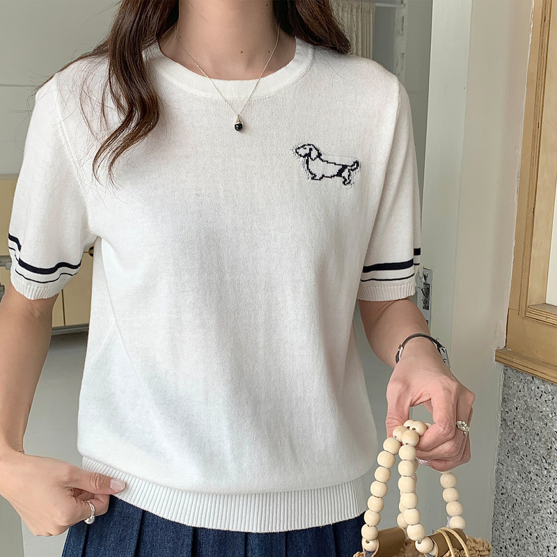 In-Stock Color-Blocked College Style Dog Embroidery Cotton Knit Top for Women, Summer Round Neck Regular Shoulder Short Sleeve T-Shirt Wholesale In-Stock Color-Blocked College Style Dog Embroidery Cotton Knit Top for Women, Summer Round Neck Regular Shoulder Short Sleeve T-Shirt Wholesale