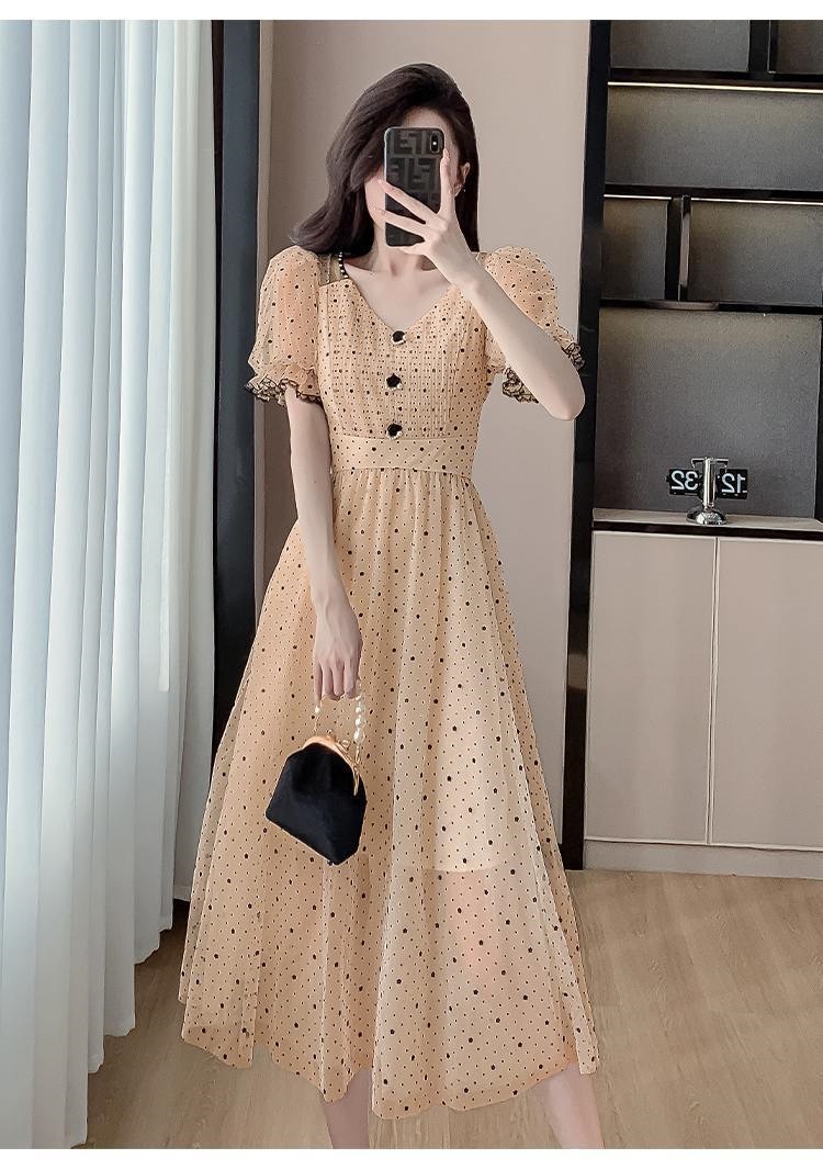 Váy maxi nữ thắt eo chất liệu lưới sóng chấm bi phong cách Pháp — 2808 màu đỏ, 2808 màu vàng, #2290#Quần áo chi tiết 6