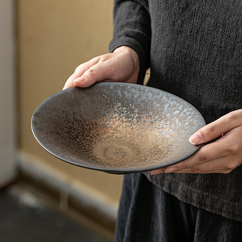 粗陶盘子尖脚碗水果盘鎏金釉盘圆形高颜值餐盘复古碟日式酒店餐具