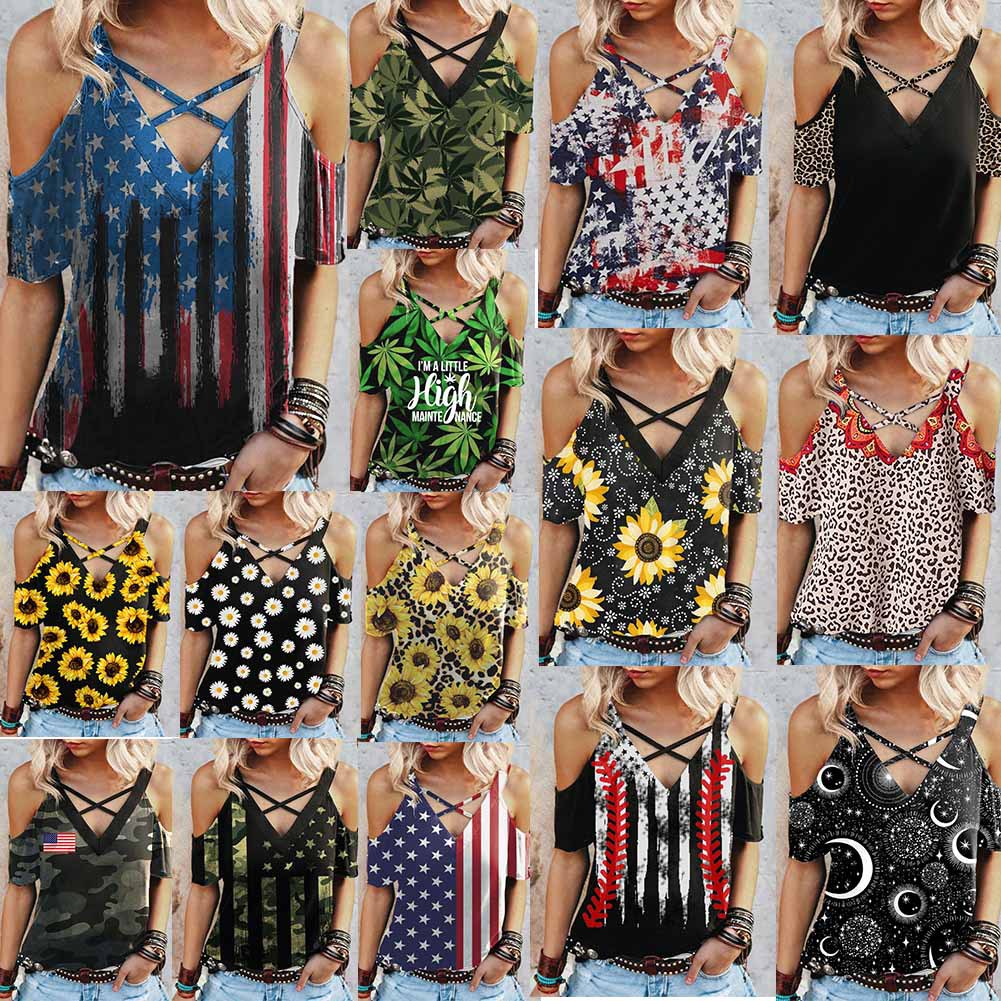 Women's T-shirt Short Sleeve T-shirts Printing Casual Sunflower Stripe American Flag display picture 1