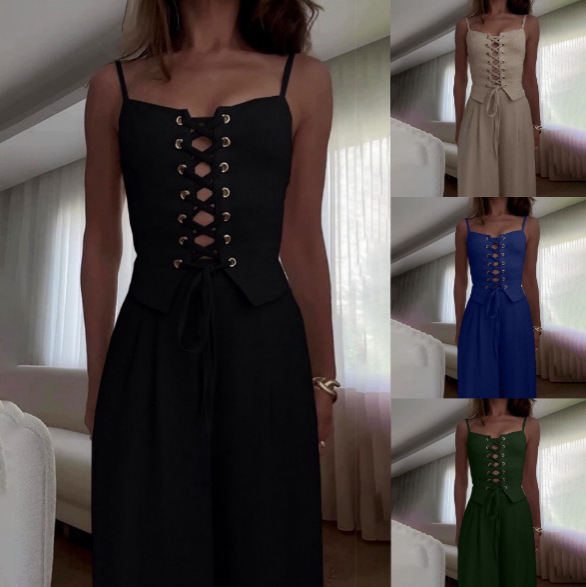 2025 New European and American Amazon Cross-Border Aliexpress Pure Desire Sexy Cut Out Strap Top Casual Wide-Leg Pants Set