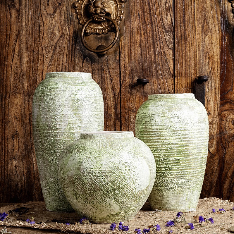 Small fresh green simple art Jingdezhen ceramic desktop stoneware living room ornaments simulation dried flower hydroponic vase