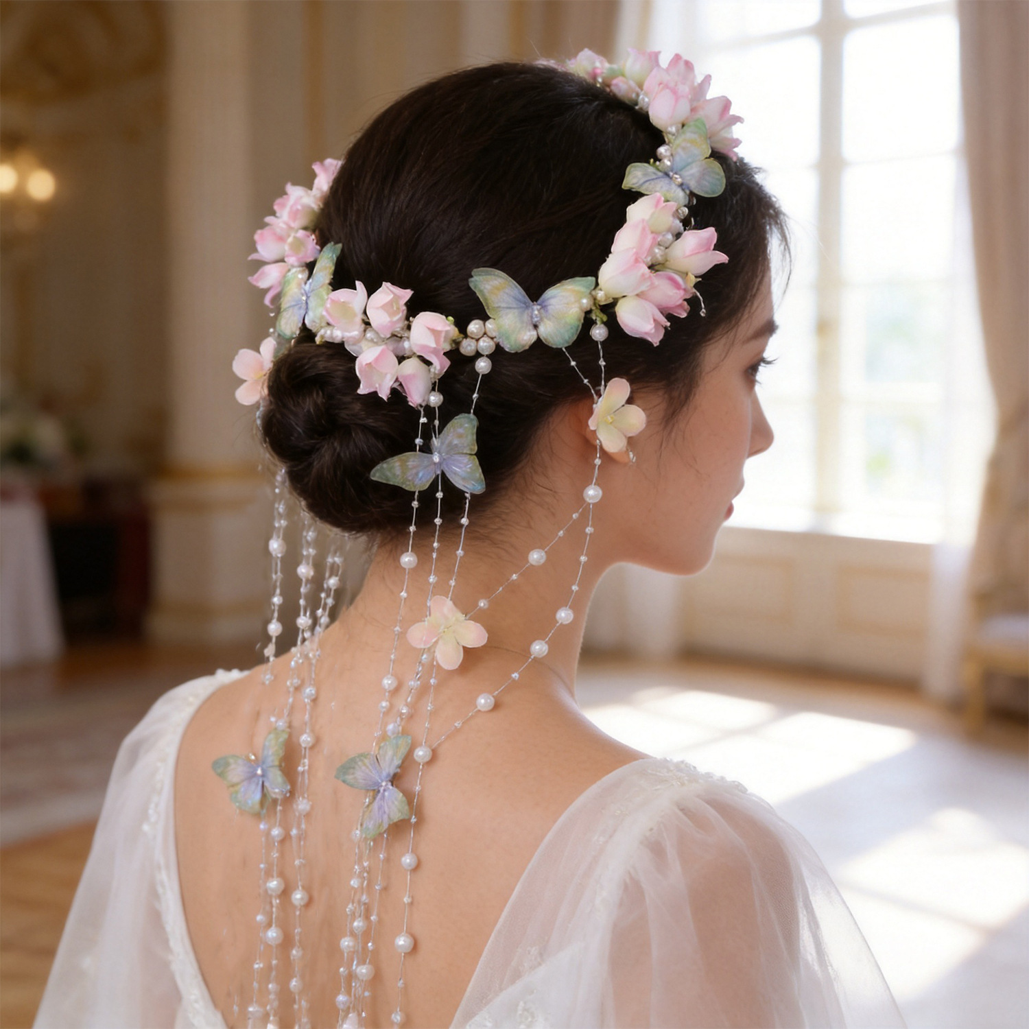 Cross-border European and American butterfly wreath handmade faux pearl headband bridal headpiece tassel headband women's wedding hair accessory