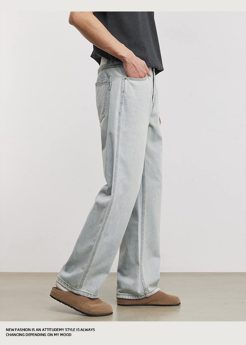 Quần jean nam ống rộng phong cách Mỹ cổ điển, chất liệu denim wash nhẹ, dáng suông thoải mái — Xanh nước đá chi tiết 8