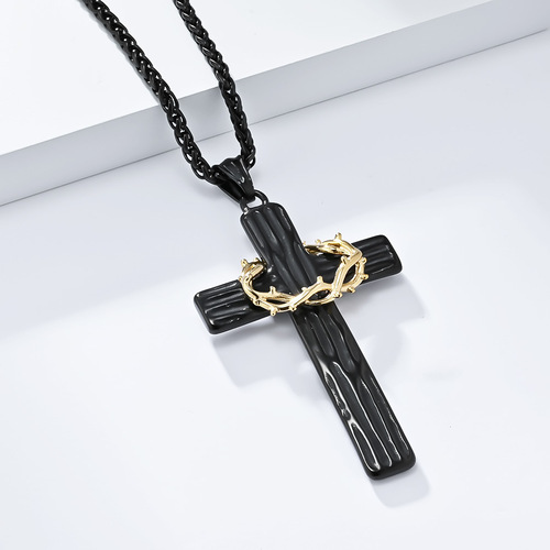 Retro Titanium Steel Flower Ring Cross Necklace Dual Color Wood Texture Stainless Steel Prayer Pendant Art Deco Minimalist Accessory