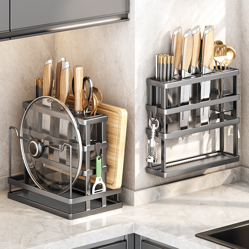 Kitchen Knife Rack Storage Rack Countertop Wall-Mounted Multi-Functional Kitchen Knife Chopstick Barrel Spoon Chopping Board Knife Integrated Storage Rack