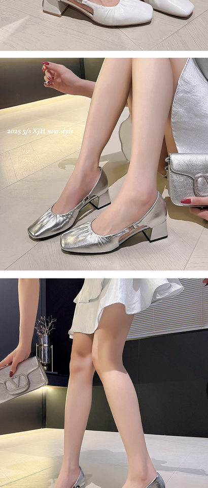 Giày Mary Jane nữ mũi vuông gót thô 3–6 cm, phối nơ, kiểu mới dễ phối đồ — Màu bạc, Màu trắng be, Màu vàng chi tiết 11