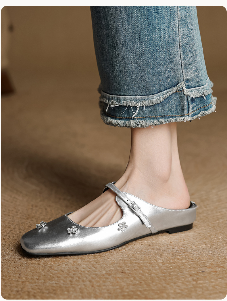 Sandal mule nữ gót thấp mũi kín đính đá pha lê màu rượu vang đỏ — Rượu vang đỏ chi tiết 13