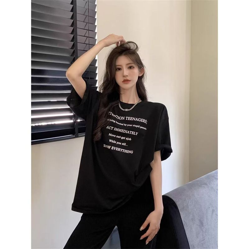 レタープリント半袖レディース夏新作香港風Tシャツカジュアルゆったりアイスシルク涼感トップスアイスシルク風|undefined
