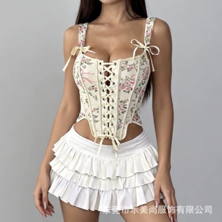 欧美跨境田园少女风花朵印花鱼骨胸衣交叉系绳小众设计蝴蝶结背心