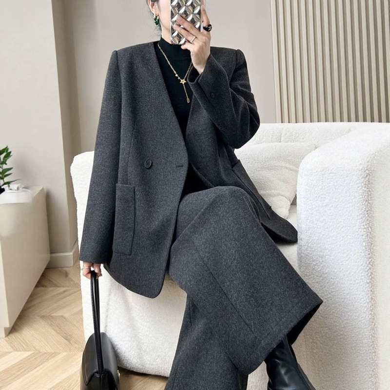 Unmun Fashion Woolen Suit Winter New 2025 Elegant High-End Jacket Two-Piece Wide-Leg Pants Gray Set