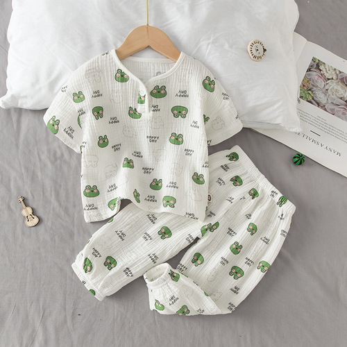 Children's gauze pajamas summer short-sleeved long pants cotton fabric boys and girls home clothes baby air conditioning clothes set thin style