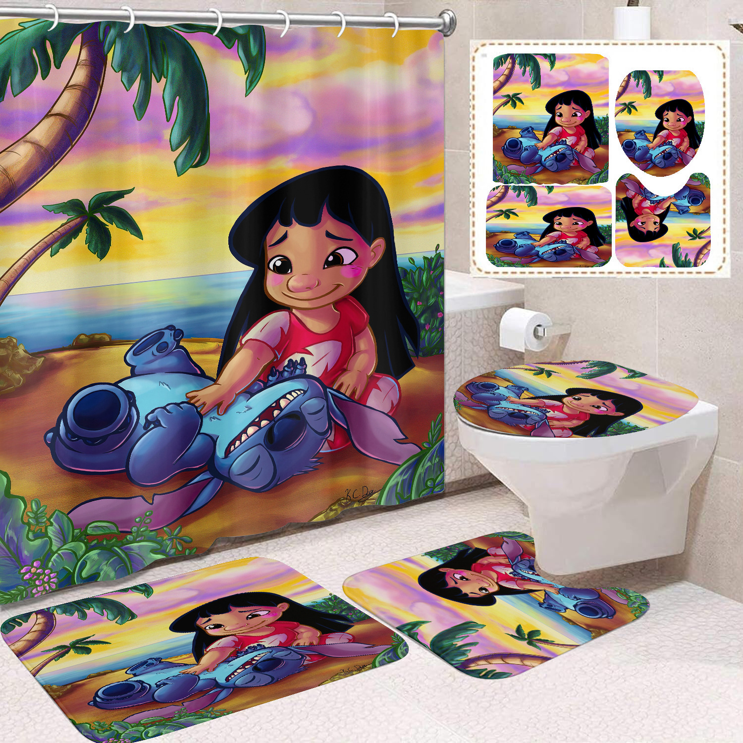 Venta directa de fábrica lindo baño de dibujos animados de cuatro piezas cortina de ducha impermeable cortina de ducha sin perforación cortina de partición de baño de baño