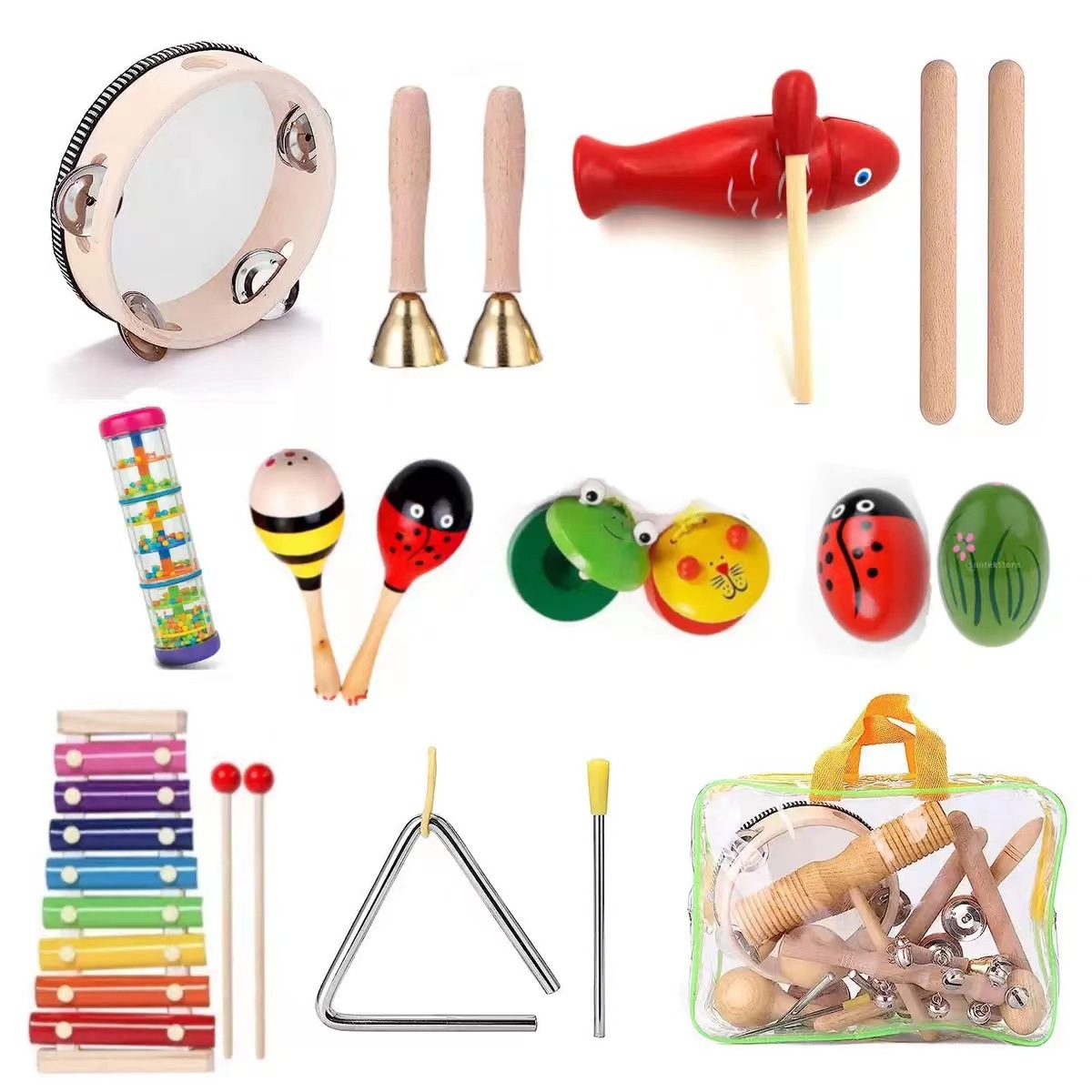 Orff-Juego de instrumentos musicales para niños, accesorios de instrumentos de percusión musical de rendimiento, juego de pandereta combinado, material didáctico para guardería