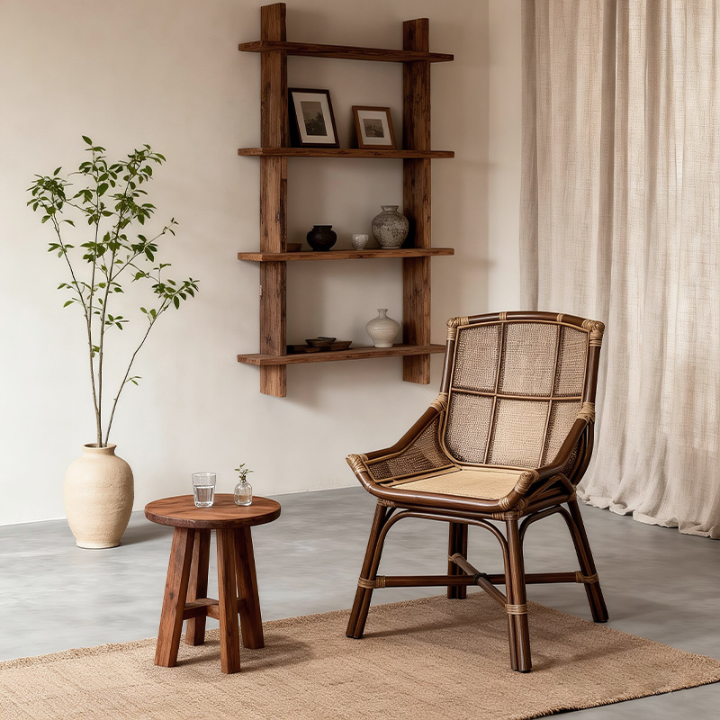 Wabi-Sabi Style Rattan Chair, Dining Chair, Living Room Leisure Chair, Solid Wood Vintage Style Living Room Leather Sofa Chair, Villa