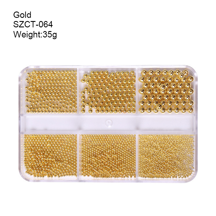 Accesorios de uñas transfronterizos al por mayor 6-grid nail aleación de acero cuentas oro plata tamaño mezclado decoraciones de uñas al por mayor