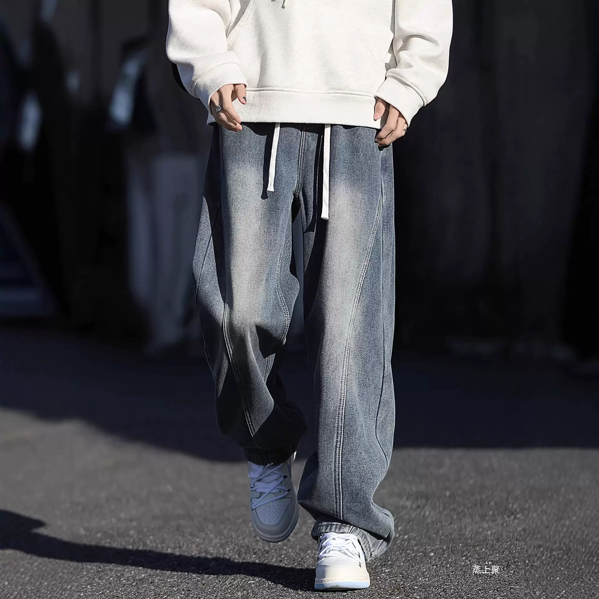 美式弯刀牛仔裤男秋冬情侣羽绒马甲直筒宽松阔腿复古水洗休闲裤子