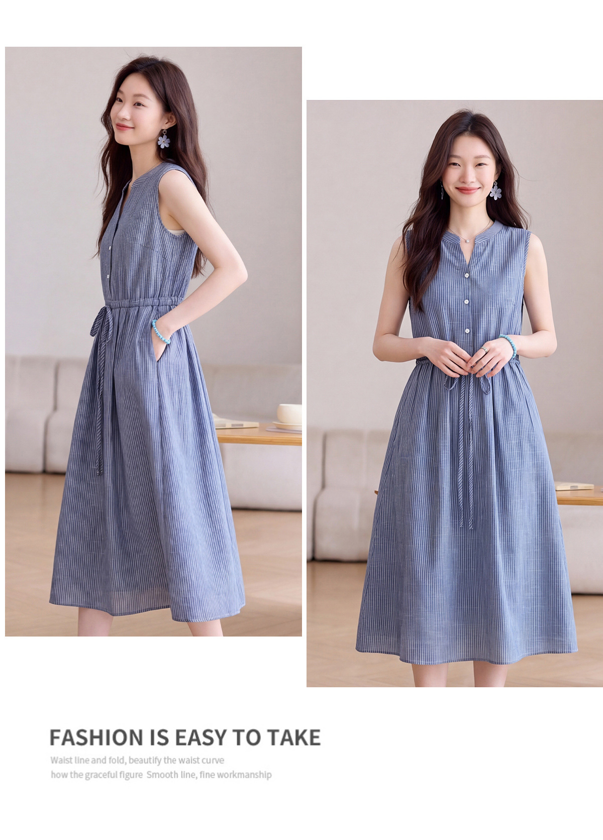 Đầm maxi nữ thắt eo cổ V rút dây, dáng chữ A trung niên mùa hè — Sọc Tây Tạng, Lưới đỏ, Sọc kaki chi tiết 21