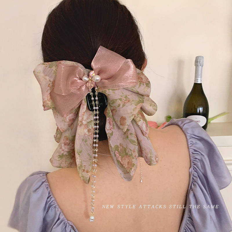 2025 dulce clip de cabello de arco de la cabeza detrás del clip de cabello medio atado temperamento elegante bordilla clip de tiburón explosión