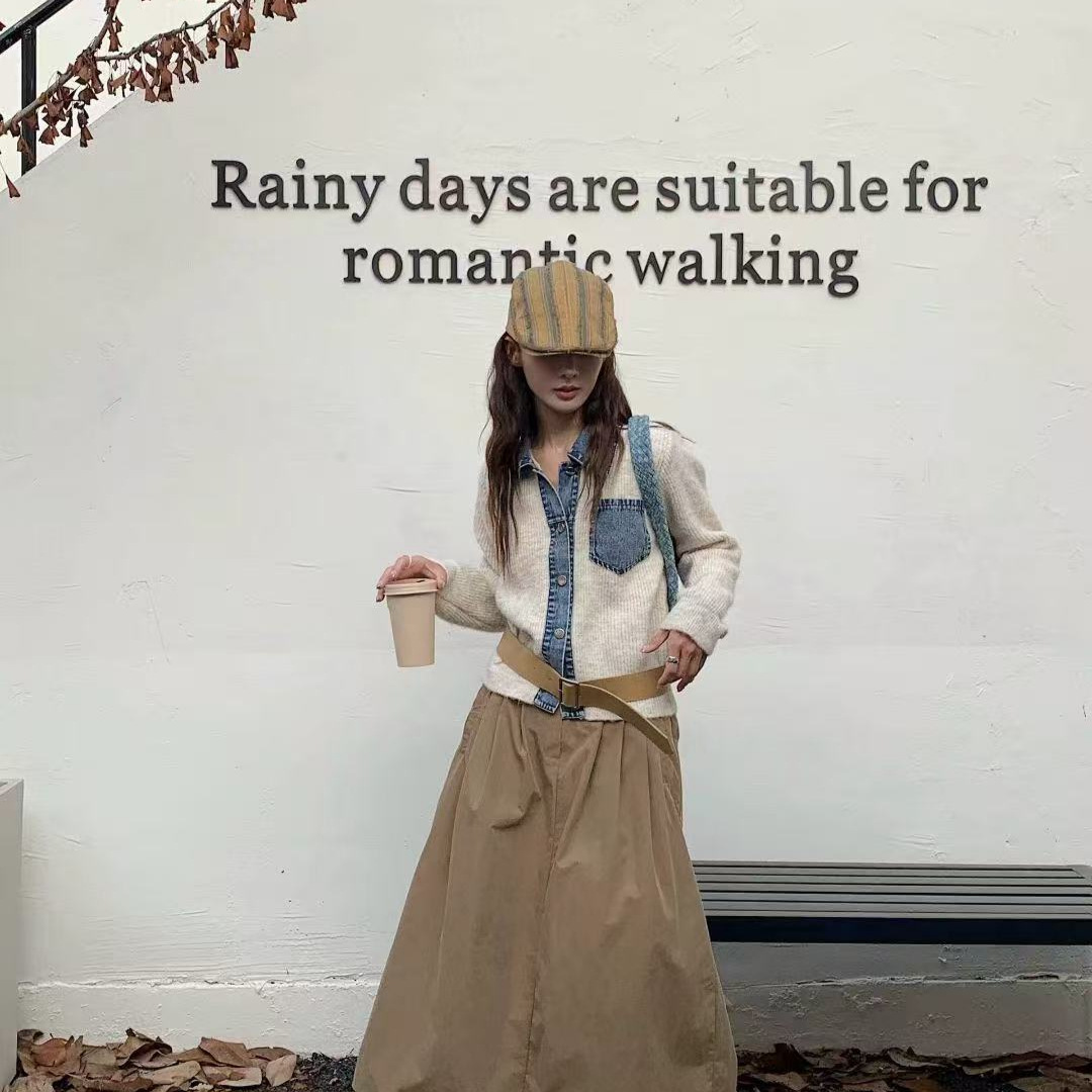 东大门毛衣女复古牛仔拼接2025秋冬新款韩系撞色时尚针织开衫外套