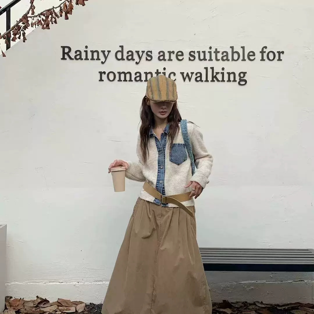 东大门毛衣女复古牛仔拼接2025秋冬新款韩系撞色时尚针织开衫外套