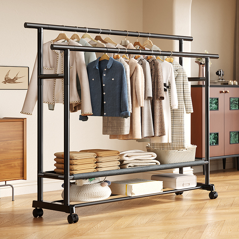 Floor-Standing Clothes Drying Rack, Bedroom Clothes Rack, Double-Row Clothes Rod with Wheels, Mobile Storage, Mobile Wholesale Clothes Rack