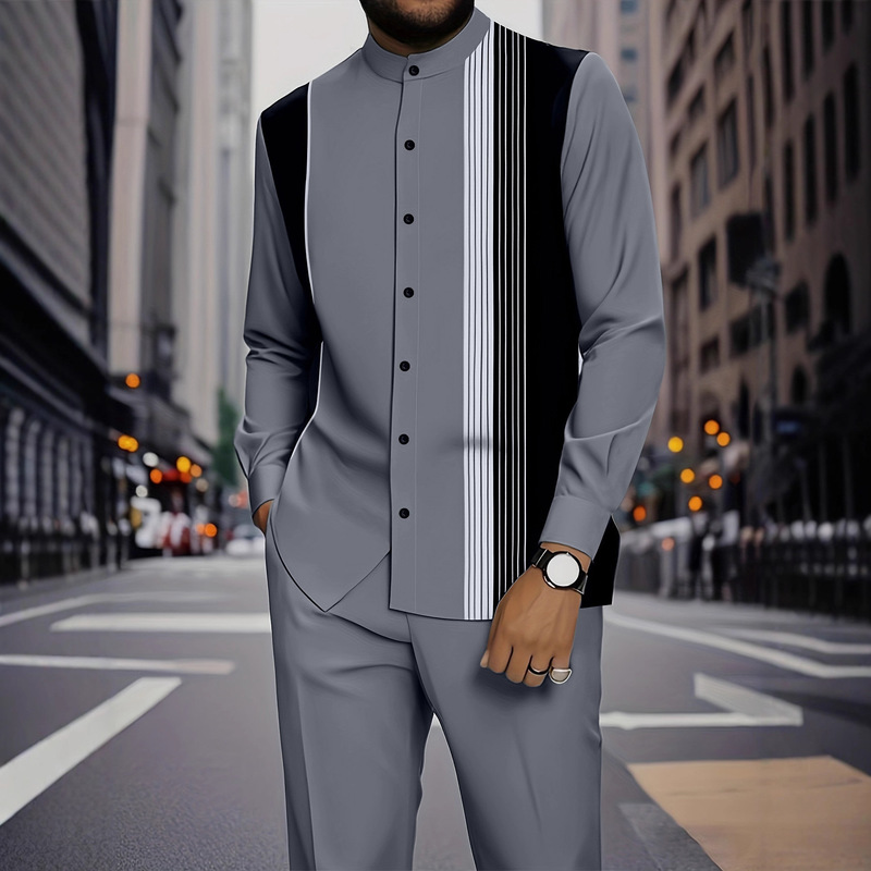 Cross-Border European and American In-Stock Men's 3D Digital Print Autumn and Winter Trendy Striped Outdoor Casual Shirt with Black Button Set