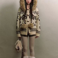 原创复古羊毛费尔岛毛领牛角扣连帽针织毛衣外套女浅米色均码其他