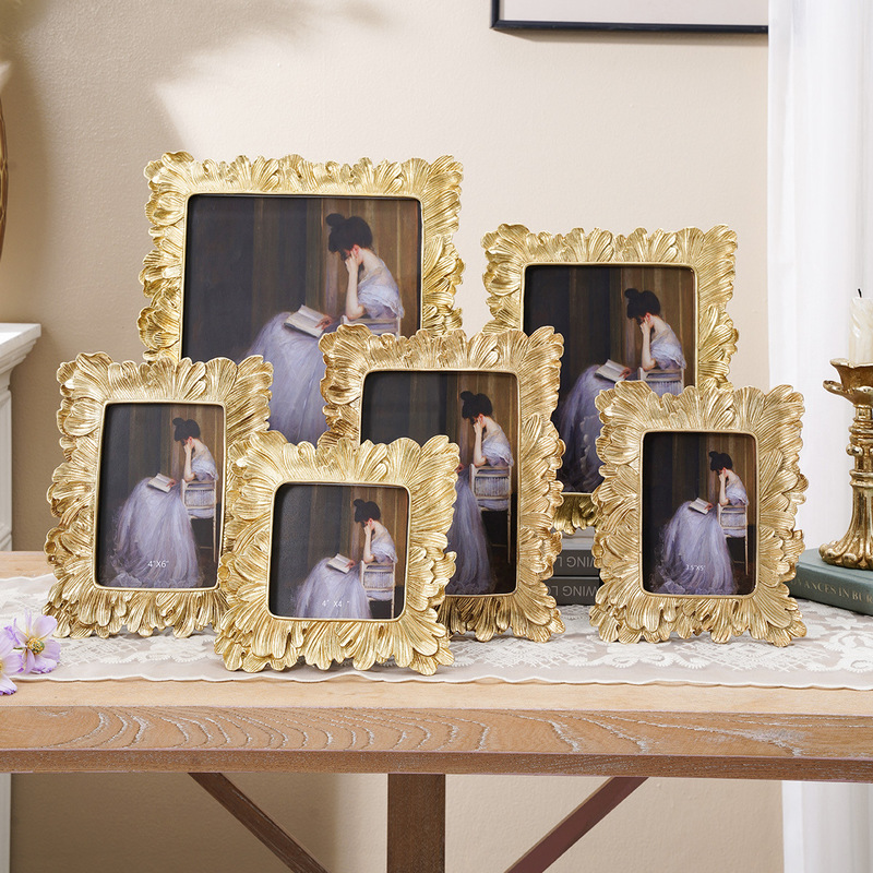 Cross-Border Popular European American Retro Golden White Palm Leaf Old Green Iris 6inch Photo Frame