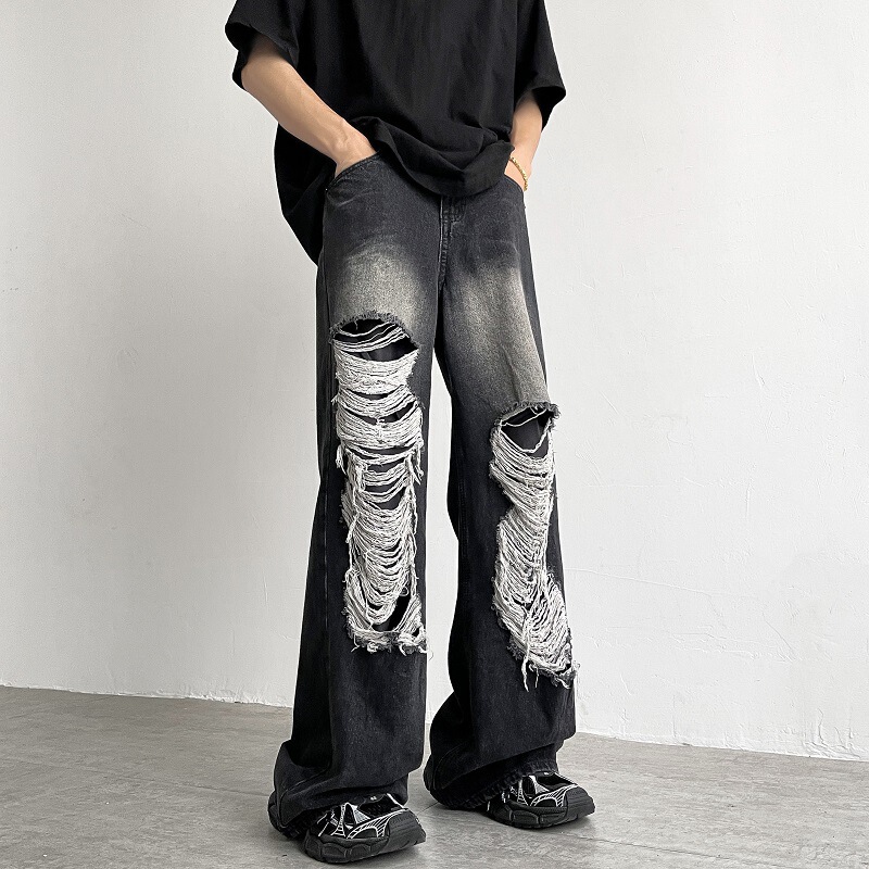 Ripped patch Denim pants men's summer bf Hong Kong style casual personality student hip hop versatile wide leg mopping trousers