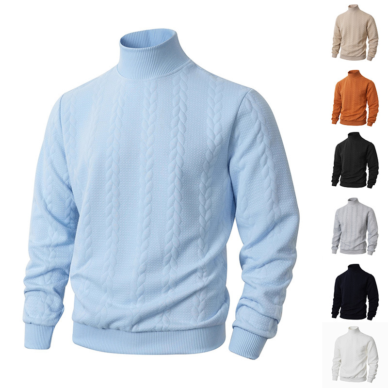 Cross-Border European Size Autumn and Winter Knitwear, Daily Outdoor Casual Solid Color Fashion Jacquard High-Neck Warm Sweater for Men