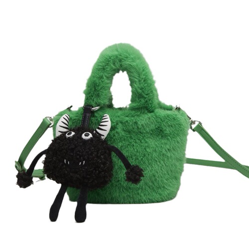 2024 New Furry Bag Trendy Doll Rose Red Cute Little Monster Pendant Plush Bucket Bag Shoulder Crossbody Bag