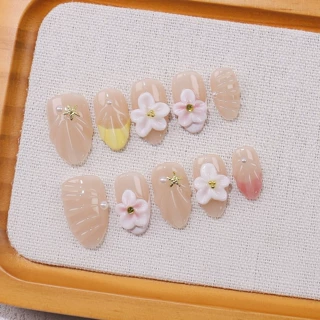 欧美跨境款清透花卉雕花纯手工穿戴甲高级感东南亚热销杏仁假指甲