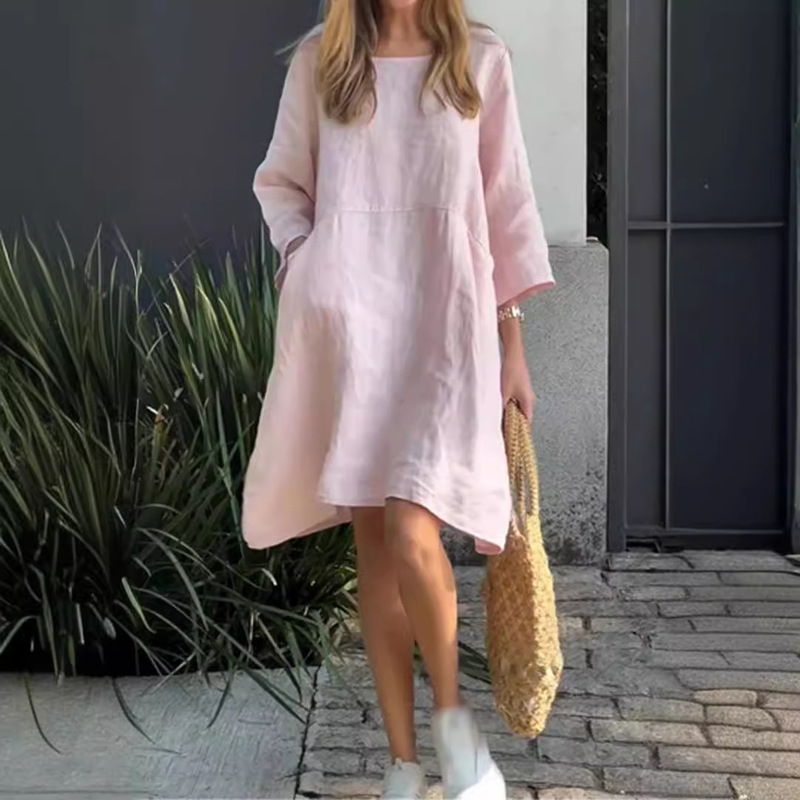 2024 New European and American Cross-Border Summer Women's Cute Solid Color Loose Casual Pocket Cotton-Linen Dress 2024 New European and American Cross-Border Summer Women's Cute Solid Color Loose Casual Pocket Cotton-Linen Dress